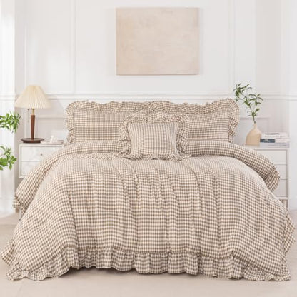 Gingham Twin Comforter Set with Sheets for Girls - 6 Pieces, Tan Ruffle Bedding