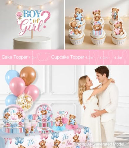 Brown Bear Gender Reveal Decorations Tableware Set - 205pcs for 25 Guests