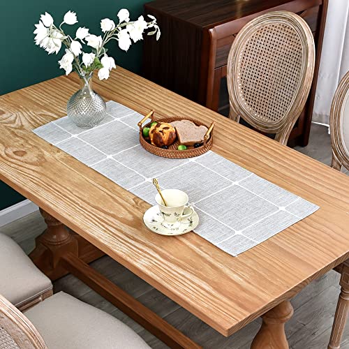 Grey Embroidered Plaid Cloth Small Table Runner 36 Inch - Rustic Home Decor