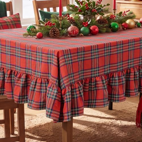 Romanstile Christmas Red Plaid Ruffled Tablecloth 60x120 Inch Rectangular - Holiday Decor