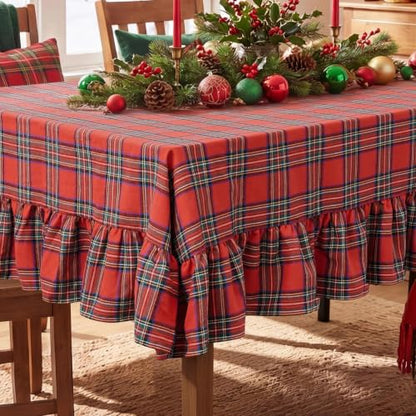 Romanstile Christmas Red Plaid Ruffled Tablecloth 60x120 Inch Rectangular - Holiday Decor