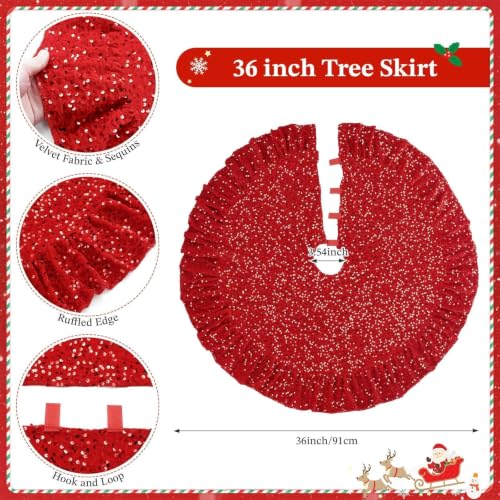 Red Small Ruffled Christmas Tree Skirt 36 Inch for 3-5 Ft Trees - Velvet & Sequin