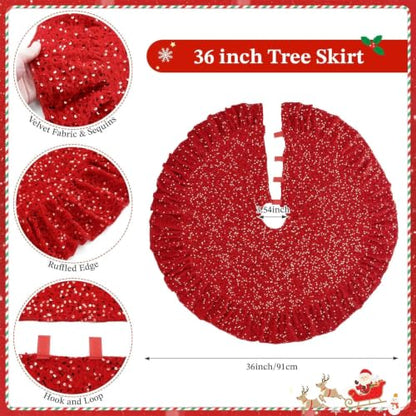 Red Small Ruffled Christmas Tree Skirt 36 Inch for 3-5 Ft Trees - Velvet & Sequin