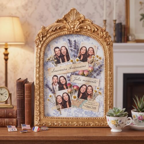 Mini Vintage Bulletin Board with Floral Fabric - Gold Arched Picture Frame for Wall & Desktop