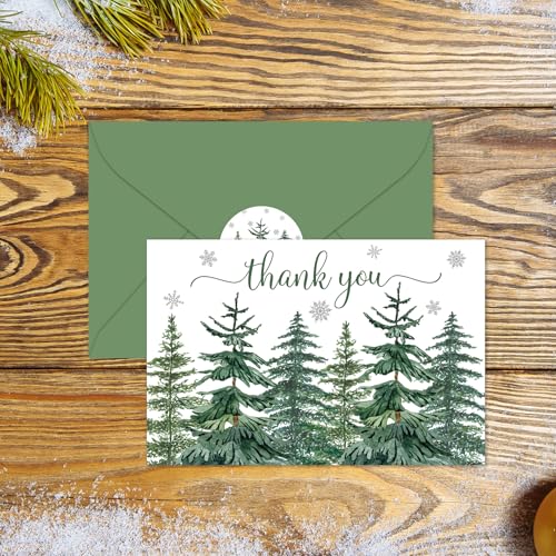 Christmas Thank You Cards Set with Envelopes & Stickers - Watercolor Pine Forest, 4x6 Inches