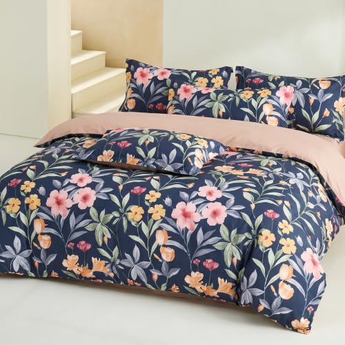 Blue Botanical Floral Cotton Duvet Cover Set 3 Piece King Size