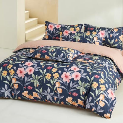 Blue Botanical Floral Cotton Duvet Cover Set 3 Piece King Size
