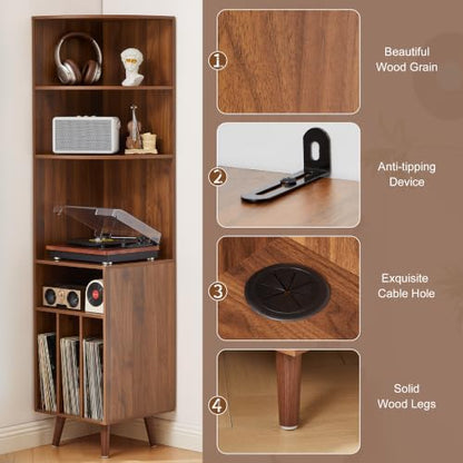 Tall Walnut Corner Record Player Stand with 5-Tier Storage - 67"