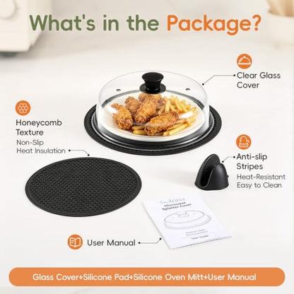 3-in-1 Microwave Splatter Cover Set with Glass Dome, Silicone Mats & Oven Mitts