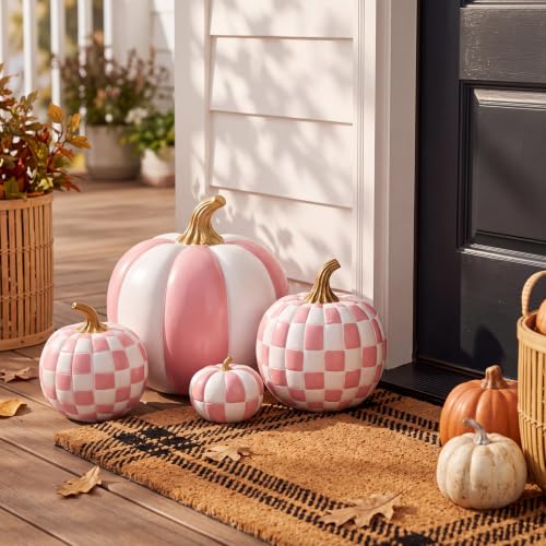 Pink and White Large Pumpkin Decor Set of 4 - Resin Checkered Halloween Ornaments