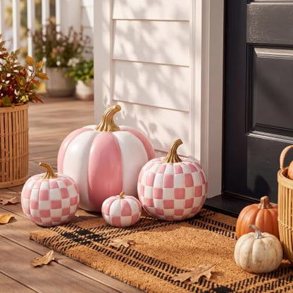 Pink and White Large Pumpkin Decor Set of 4 - Resin Checkered Halloween Ornaments