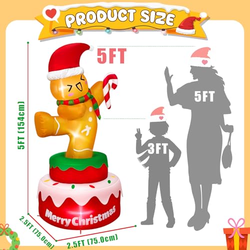OurWarm 5FT Gingerbread Christmas Inflatable Outdoor Decoration - Rotating Santa Hat & Candy Cane