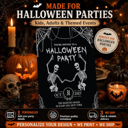 Personalized Halloween Party Invitations with Envelopes, 24 Pack - Thick 5x7 Spooky Skeletons & Cobweb Design