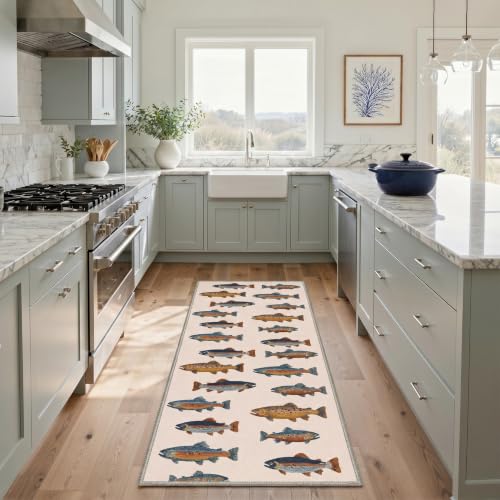 Fishing Runner Rug 2x5ft - Washable Colorful Trout Pattern Floor Mat