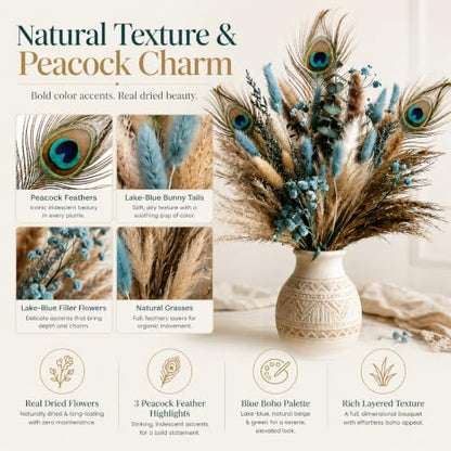 Teal Blue Turquoise Boho Bouquet with Dried Pampas Grass - 75 Pcs