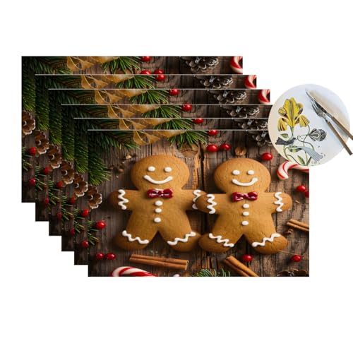 Christmas Gingerbread Men PVC Placemats Set of 6 - Heat Resistant Non-Slip Holiday Table Decor - Placemat44