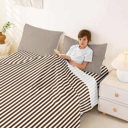 Brown White Stripe Bed Sheets Queen Size Bedding Set with Deep Pockets