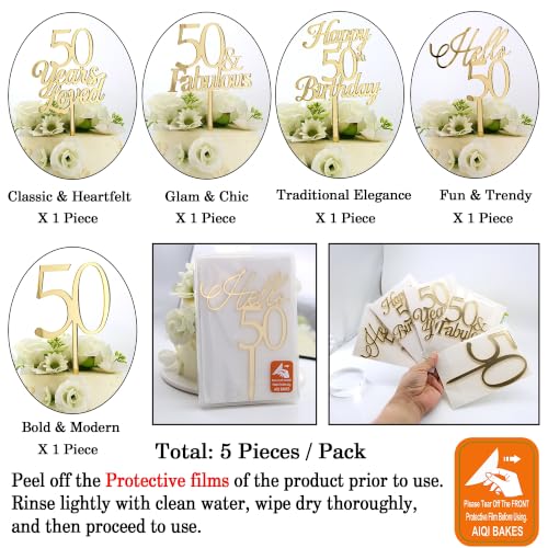 Gold Mirror Acrylic Cake Toppers Set of 5 for 50th Birthday & Anniversary