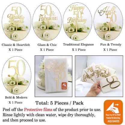 Gold Mirror Acrylic Cake Toppers Set of 5 for 50th Birthday & Anniversary