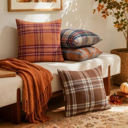 MIULEE Fall Plaid Decorative Pillow Covers Set of 2 18x18 Inches - Orange & Green