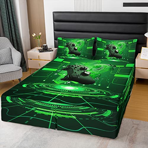 Boys Bed Skirt Queen Size, Gaming Bedskirt Gamer Bed Skirts Fitted Sheet Kids Girls Teens Video Game Gamepad Dust Ruffle 15 Inch Green Bedroom Decor Soft Quadruple Pleated Ruffle Bedding Collection