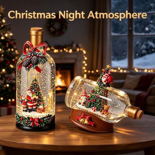 Christmas Snow Globe Bottle Lantern Musical Decor - Santa & Gnome Variation A