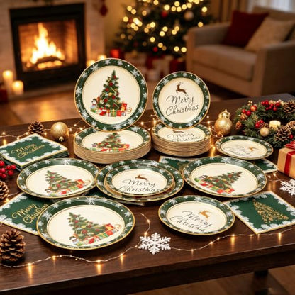 Christmas Paper Plates and Napkins Set - Green Holiday Tableware for 50 Guests