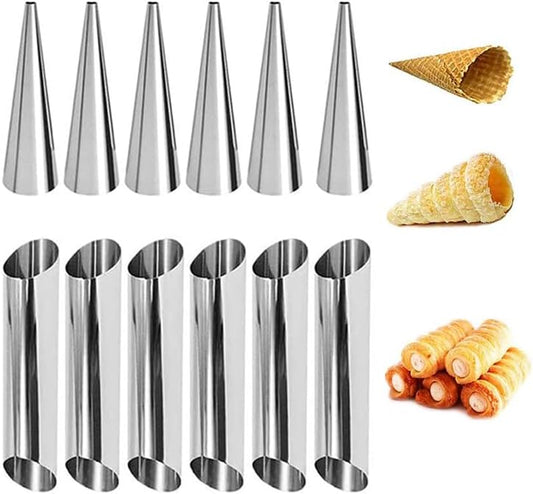 Skiennix 12-Piece Stainless Steel Cream Horn Molds - Non-Stick Baking Cones for Pastries & Croissants