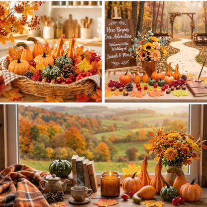 Mini Artificial Pumpkins Fall Decor Set Orange 57pcs Thanksgiving Halloween Table Centerpiece Wreaths
