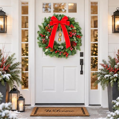 Green 20-Inch Christmas Wreaths with Red Bow & Bells - 2 Pack, Real Touch Pine