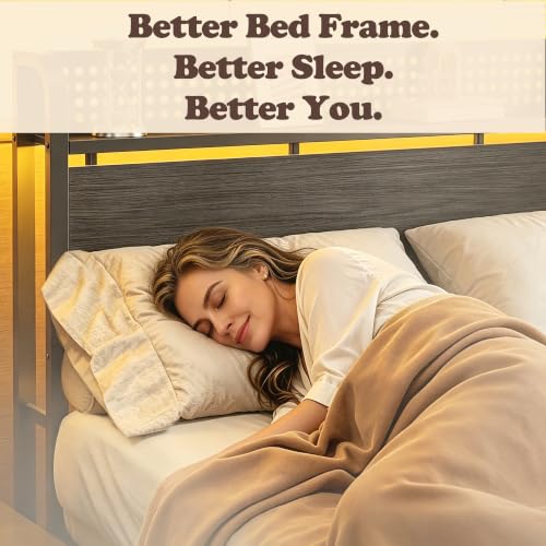 Queen Bed Frame with Storage Headboard, Charging Station & RGB Lights - Rustic Grey