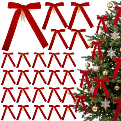 Red Velvet Christmas Tree Bows Set of 26 with Variation - Elegant Holiday Decor