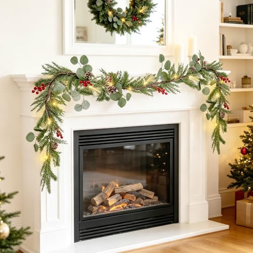 6ft Christmas Garland with Lights - Mantel Decor, Green Conifer, Red Berries & Pine Cones