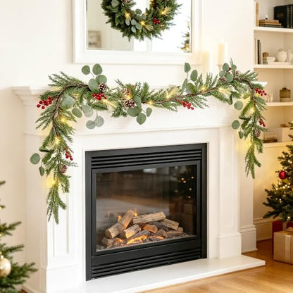 6ft Christmas Garland with Lights - Mantel Decor, Green Conifer, Red Berries & Pine Cones