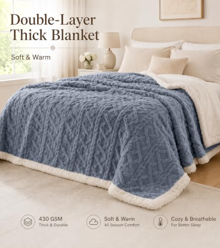Reversible Sherpa Fleece Blanket for Bed - Blue, Twin 71x79 Inches - Heavyweight Warmth