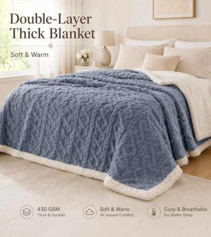 Reversible Sherpa Fleece Blanket for Bed - Blue, Twin 71x79 Inches - Heavyweight Warmth