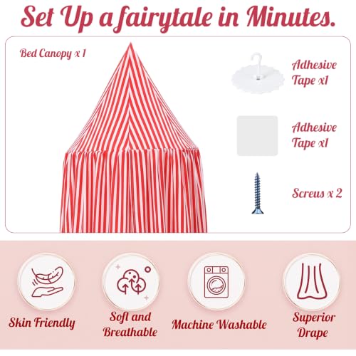 Kids Bed Canopy Tent - Red White Striped Reading Nook for Nursery & Playroom