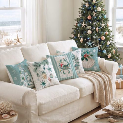 Christmas Coastal Pillow Covers Set of 6 - 18x18 Inch Suede Holiday Decor