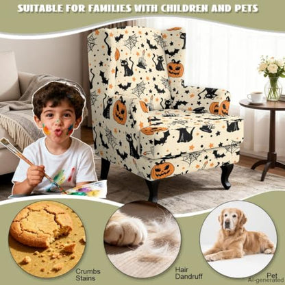 Halloween Wing Back Chair Covers with Arms - Armchair Slipcover