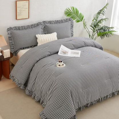 Gingham Checkered Twin Comforter Set with Ruffle Edges - Black & White