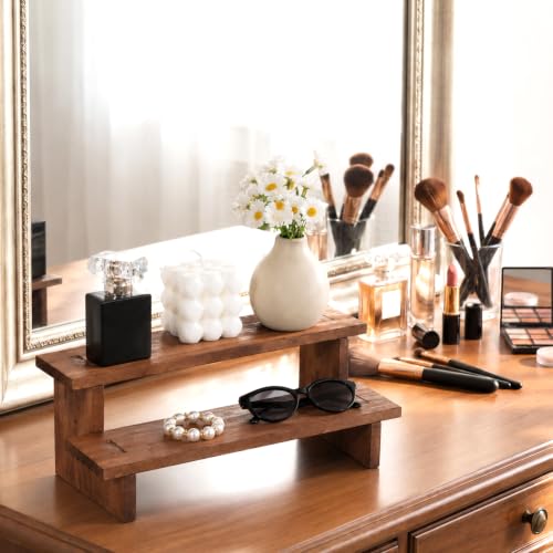 Wooden Display Riser Shelf 2-Tier Rustic Rectangle Stand 5x12x5.4 Inch