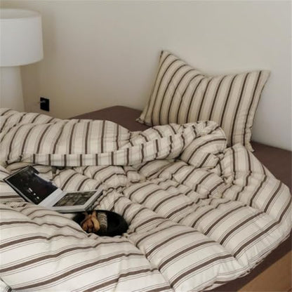 Full Brown Striped Duvet Cover Set - Microfiber Bedding with Pillowcases