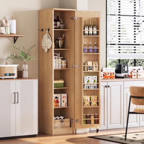 IRONCK Narrow Kitchen Pantry Cabinet - 72" Tall, Natural Wood Finish, Slim Storage