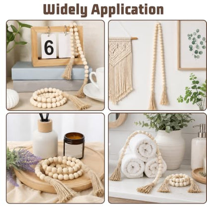 Wood Bead Garland Set with Tassels - Rustic Farmhouse Decor, 29 Inches, 3 Pieces