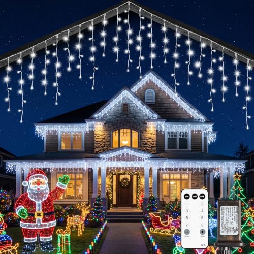 Pure White 40Ft Waterproof Icicle Christmas Lights with Remote & Timer - Connectable Outdoor String Lights with 8 Modes