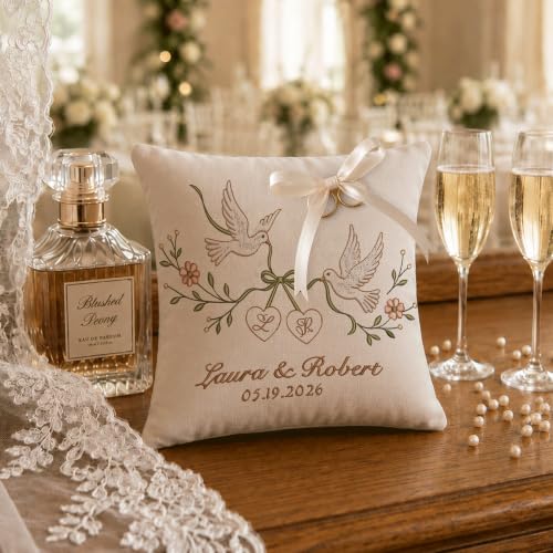 Personalized Wedding Ring Bearer Pillow - Embroidered Linen Keepsake - Wedding 8