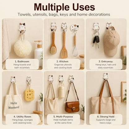 6 Pack Waterproof Decorative Adhesive Hooks - No Drill, Cat Design
