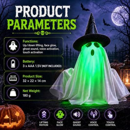 Animated Ghost Halloween Decoration Sound & Tap Activated Green Face Glow