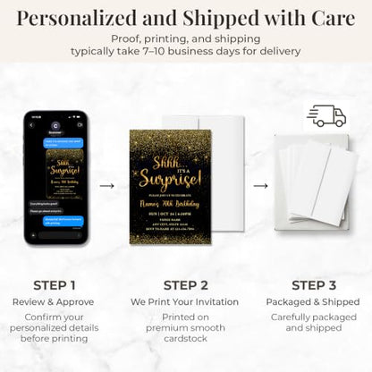 Black Gold 70th Surprise Birthday Invitations - Personalized 5x7 Set with Envelopes