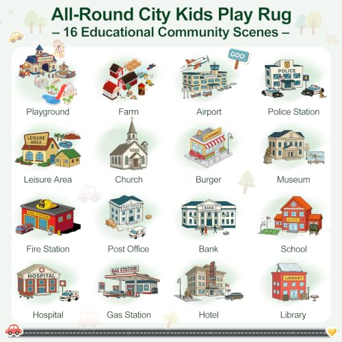 Kids City Road Play Rug 3x5ft Washable Non-Slip Car Play Mat - Green